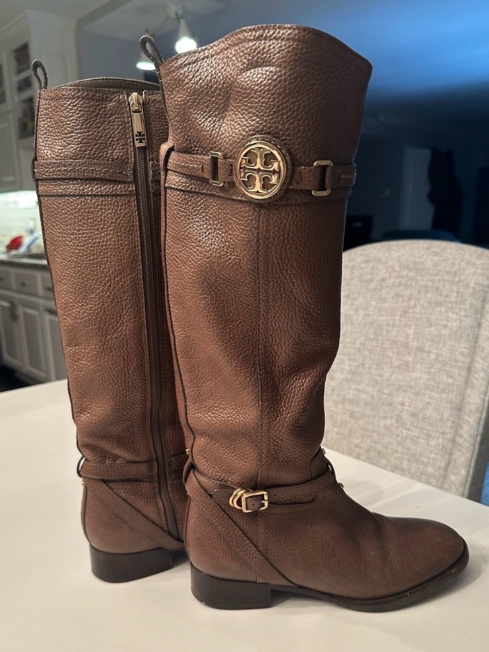 Tory Burch Brown Pebbled Leather Tall Riding Boots with Gold Logo